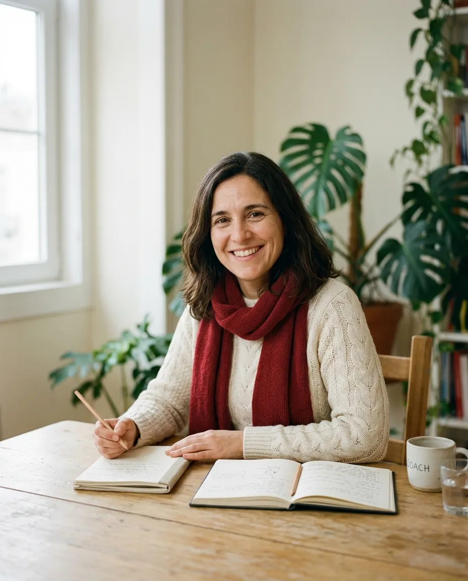 Alexandra Cardoso, coach de carreira e de vida, a sorrir numa mesa de madeira com cadernos numa sala luminosa
