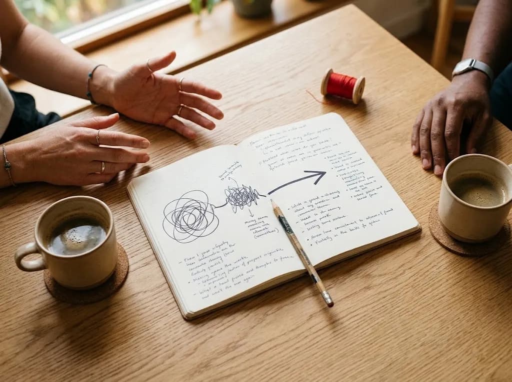 Duas chávenas e um caderno aberto numa mesa durante uma sessão de coaching
